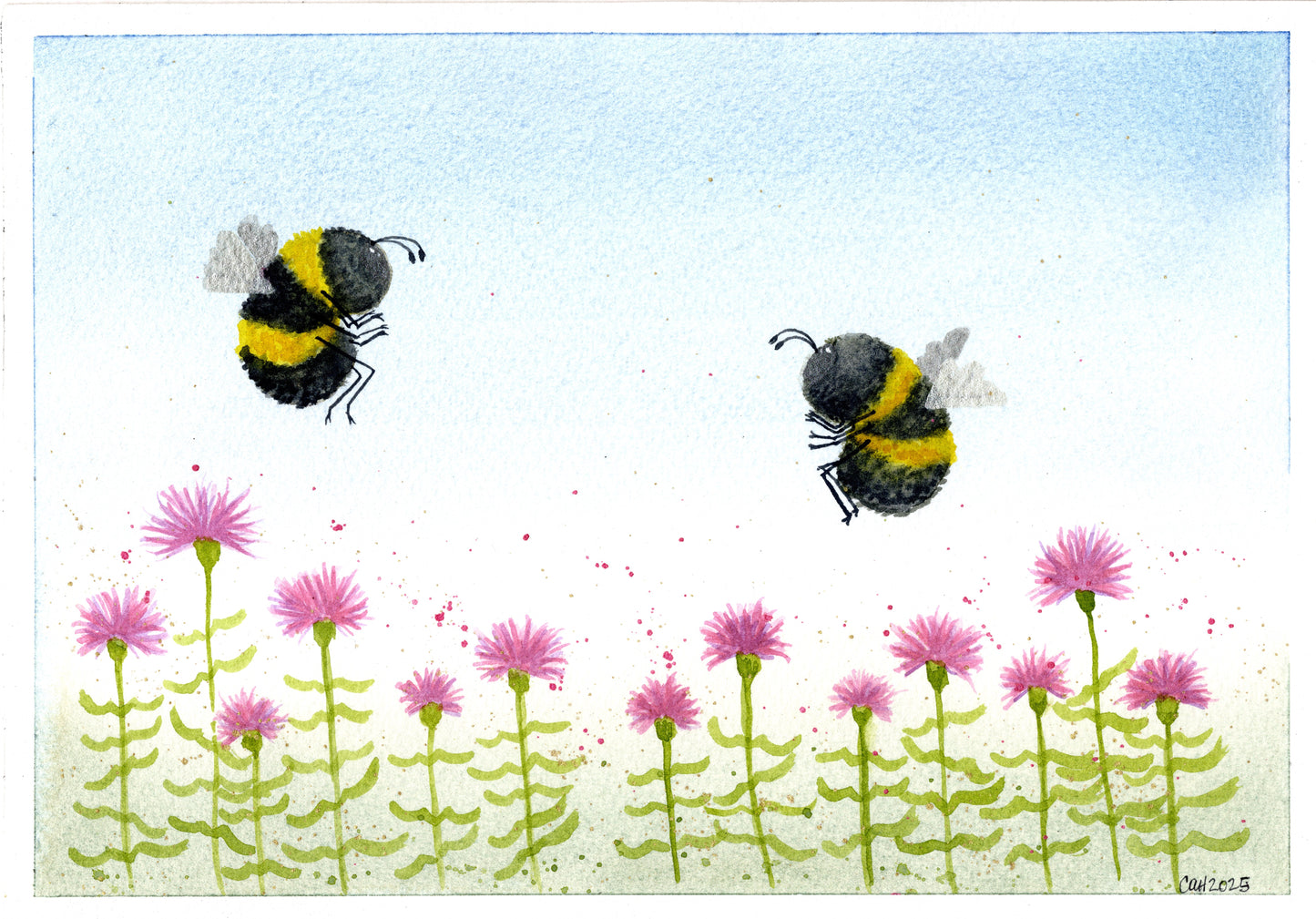 Pink Flowers with Two Bees. Original Watercolor