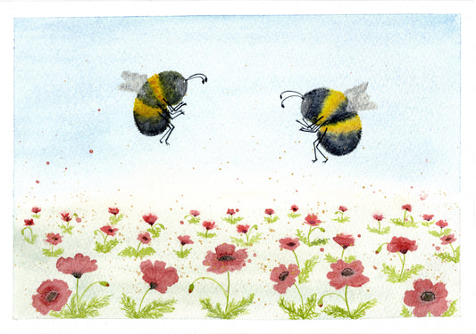 Red Poppies with Two Bees